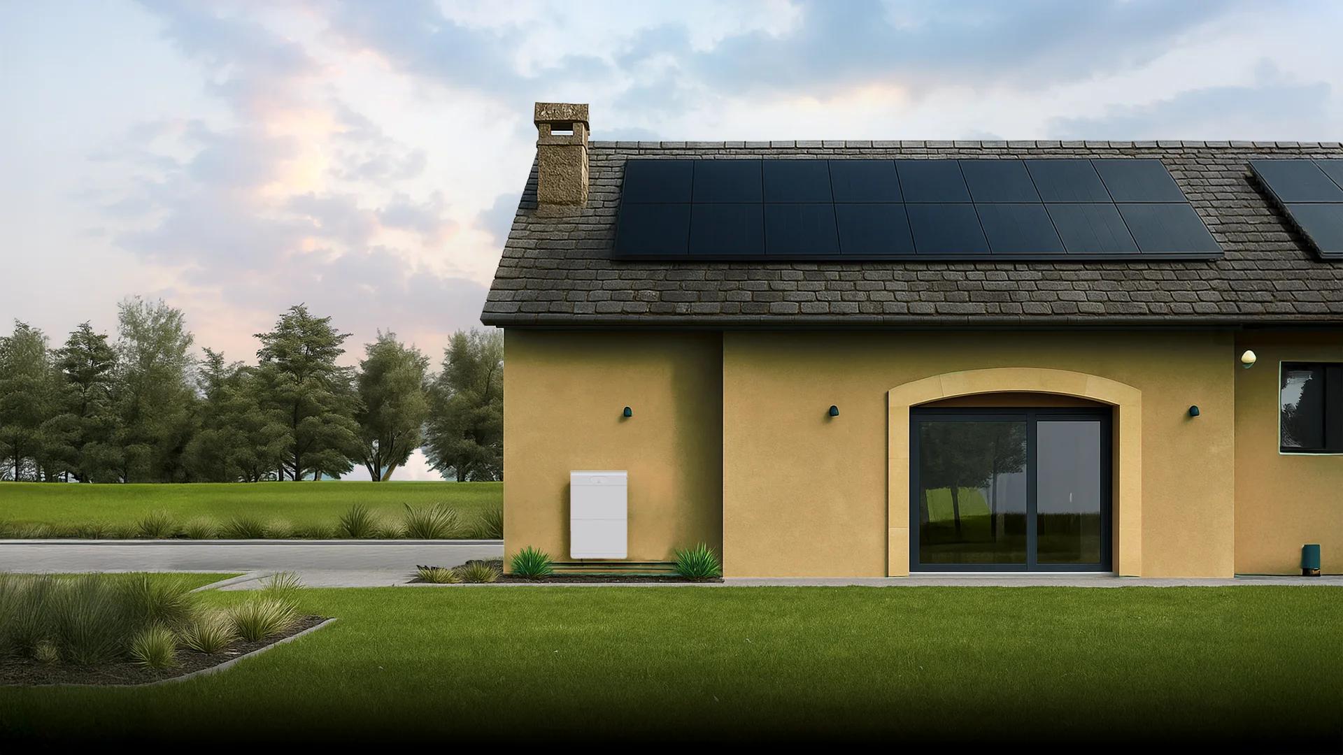 Dom z instalacją fotowoltaiczną i magazynem energii zamontowanym na ścianie