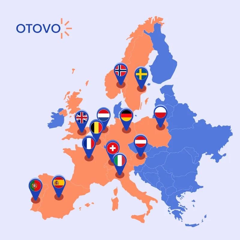 Mapa przedstawiająca kraje, w których działa firma fotowoltaiczna Otovo