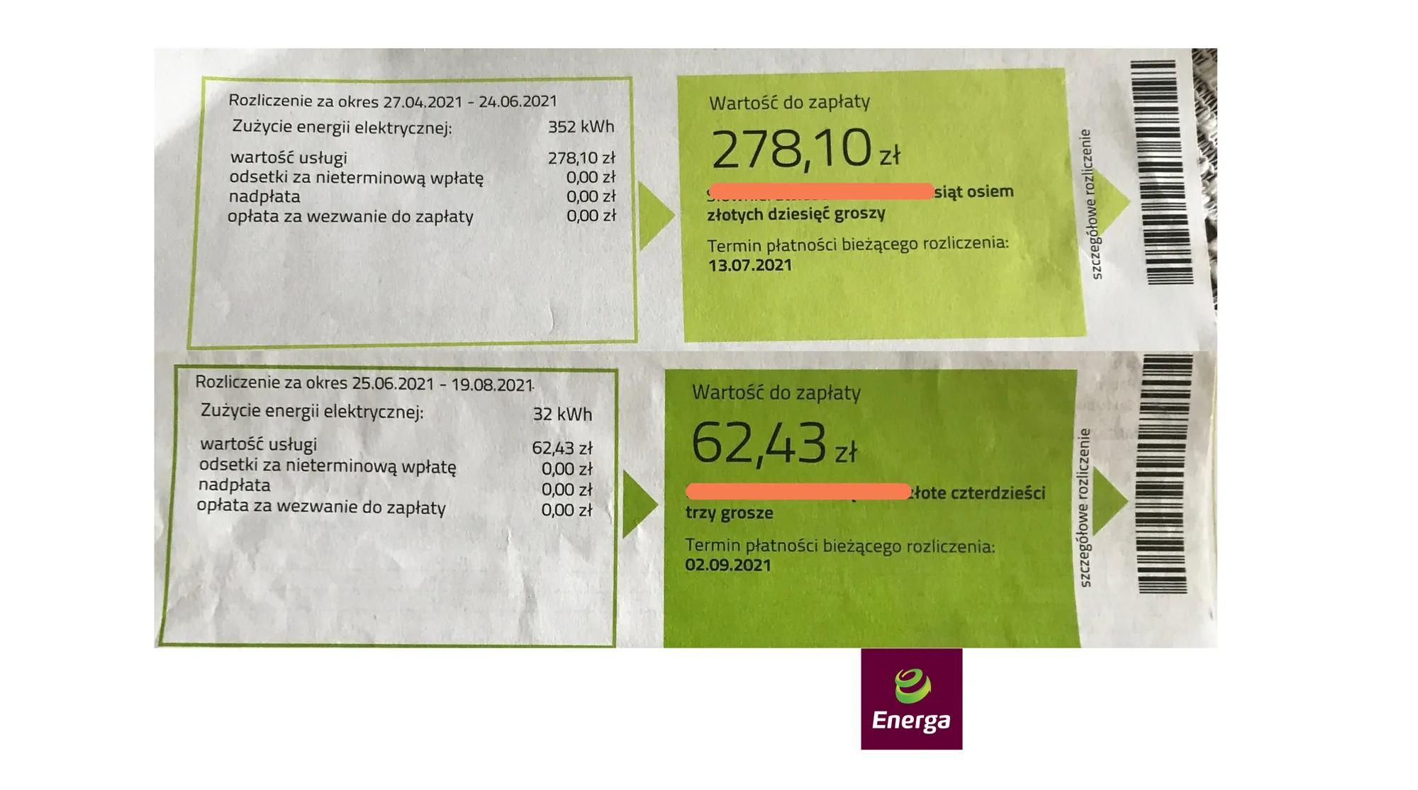Rachunek za prąd przed i po montażu instalacji fotowoltaicznej od dostawcy energii Energa